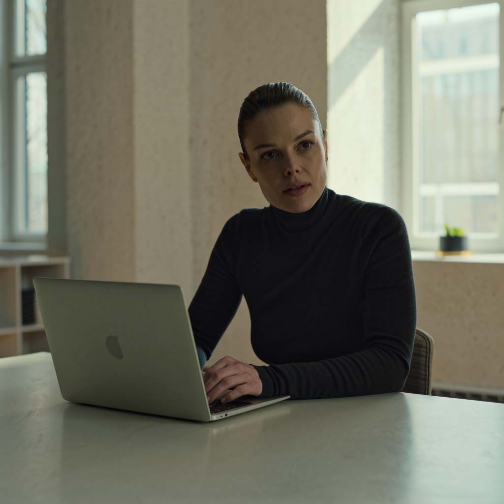 Frau sitzt am Laptop und blickt nachdenklich zur Seite – Emotionale Blockaden lösen und Selbstsabotage überwinden